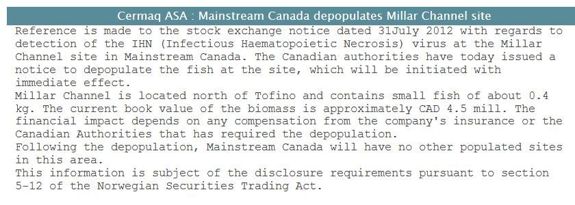 Cermaq stock exchange notification IHN Canada Cermaq stock exchange notification IHN Canada