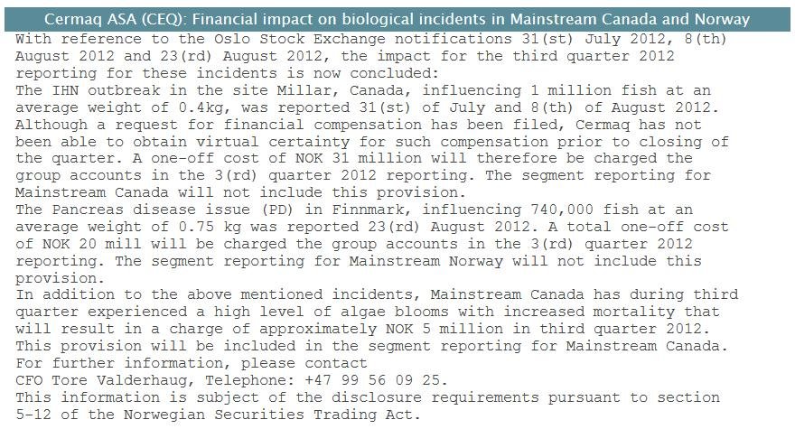 Cermaq stock exchange notification Oct 2012 Cermaq stock exchange notification Oct 2012