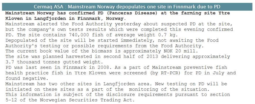 Cermaq stock exchange notification PD Norway Cermaq stock exchange notification PD Norway