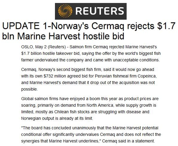 MH Cermaq rejects bid Reuters MH Cermaq rejects bid Reuters