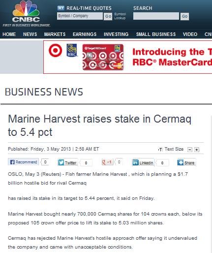 MH cermaq CNBC Reuters on MH raising stake MH cermaq CNBC Reuters on MH raising stake
