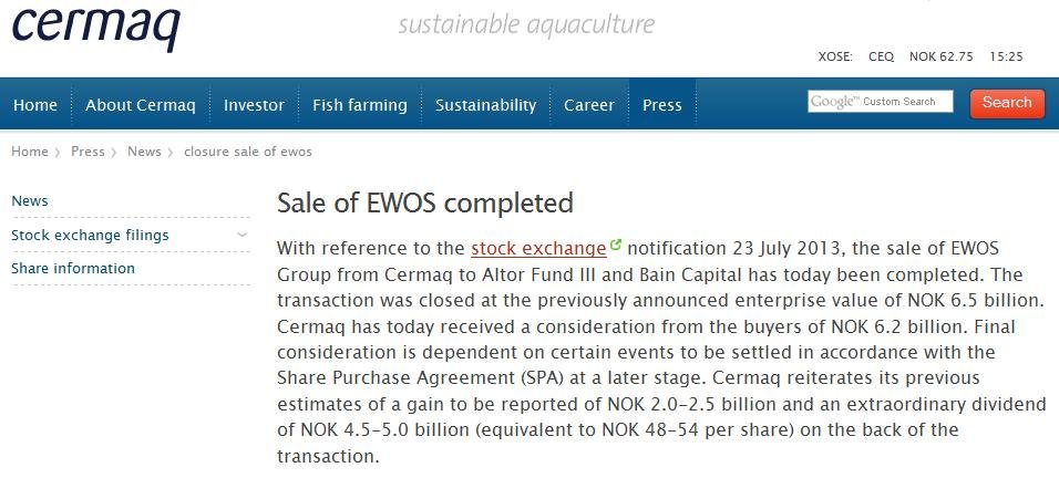 Cermaq sale to EWOS Cermaq sale to EWOS