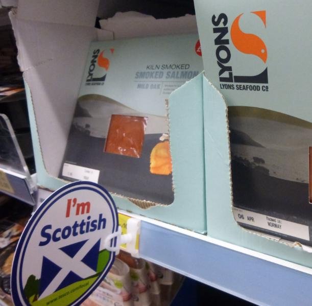 Low res photos #1 Tesco Inverness 20 March 2014 I'm Scottish label next to Farmed In Norway salmon product Low res photos #1 Tesco Inverness 20 March 2014 I'm Scottish label next to Farmed In Norway salmon product