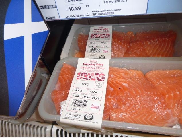 Low res photos #17 Tesco Inverness 30 March 2014 Scottish flag selling farmed salmon from Norway Low res photos #17 Tesco Inverness 30 March 2014 Scottish flag selling farmed salmon from Norway
