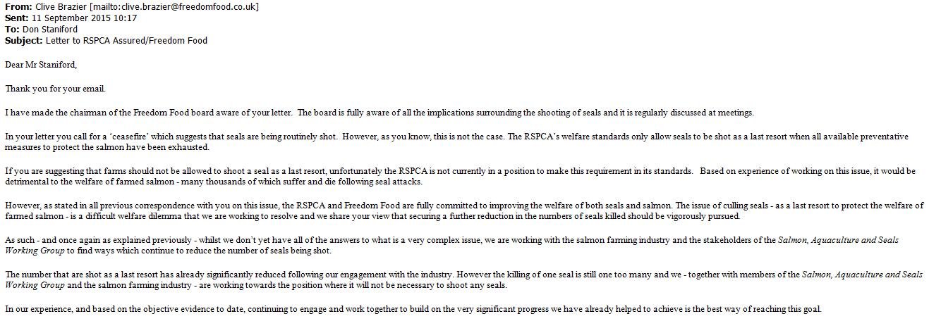 RSPCA Freedom Food email from Clive Brazier Sept 2015 #1 RSPCA Freedom Food email from Clive Brazier Sept 2015 #1