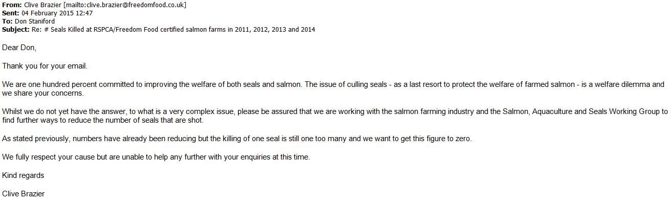 RSPCA Freedom Food email from Clive Brazier Feb 2015 RSPCA Freedom Food email from Clive Brazier Feb 2015