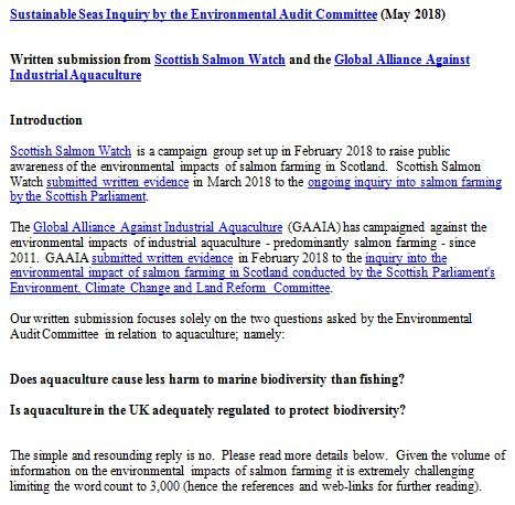 Sustainable Seas Inquiry by the Environmental Audit Committee May 2018 Written submission by SSW #1