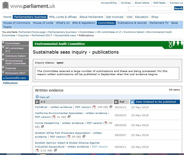 UK Parliament Sustainable Seas written evidence