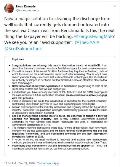 PR CleanTreating Tox-Sick Salmon 29 Dec 2019 Tweet by Ewan