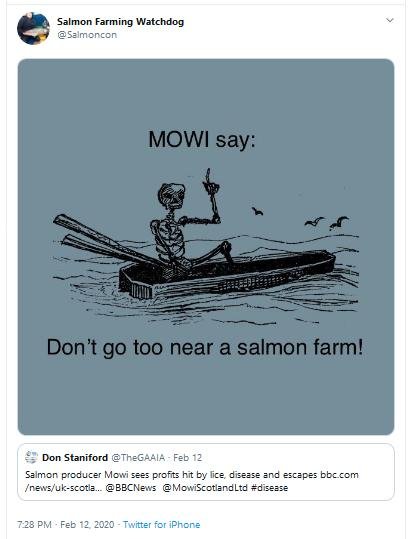 Mowi death Tweet graphic don't go too near a salmon farm 12 Feb 2020