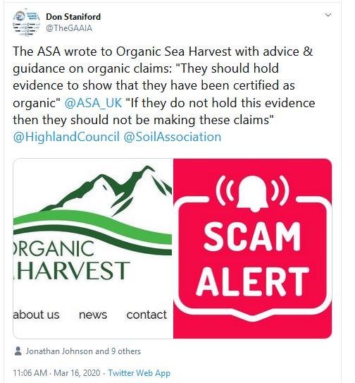 Tweet 16 March 2020 on ASA Scam Alert quoting ASA