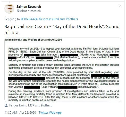 PR Censored Welfare Abuse on Salmon Farms 23 April 2020 Tweet #2 Salmon Research on BDNC