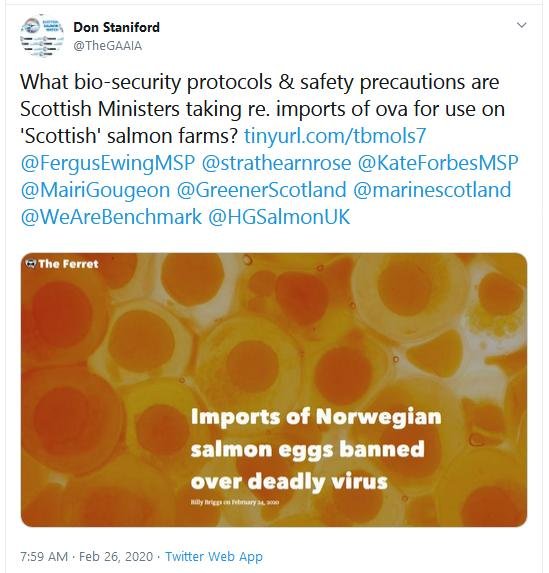 Letter to Scottish Government re eggs imports 24 February 2020 Tweet