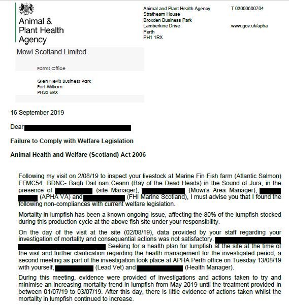 APHA Failure to Comply letter to Mowi 16 Sept 2019 BDNC #1