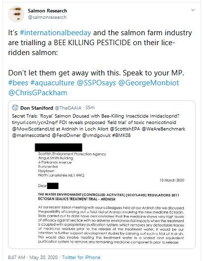 PR Imidacloprid trial in Loch Ailort by Mowi 20 May 2020 Tweet #2 International Bee Killing day