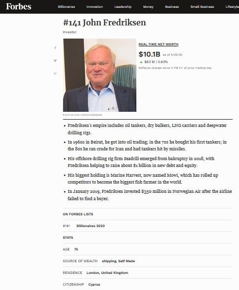 Fredriksen Forbes 2020 $10 billion