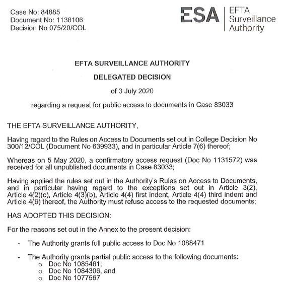EFTA 3 July 2020 Decision case # 83033 #1
