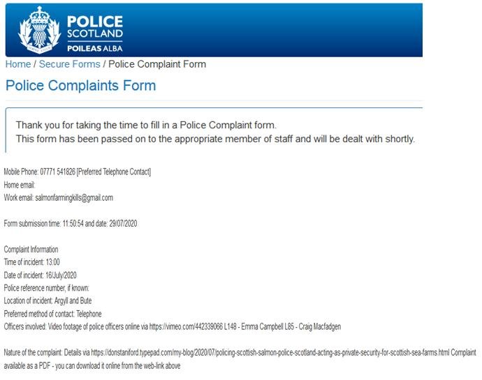 Letter to Police Scotland re Loch Creran 29 July 2020 Complaint filed online
