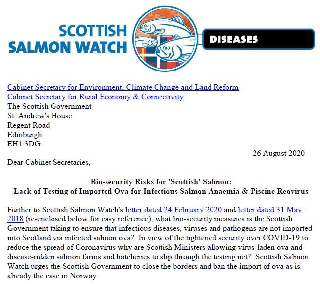Letter to Scottish Government re ISA & disease testing 26 Aug 2020 #1 Letter to Scottish Government re ISA & disease testing 26 Aug 2020 #1