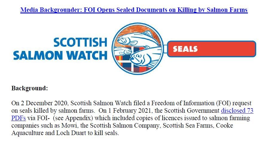 Media Backgrounder FOI Opens Sealed Documents on Killing by Salmon Farms Feb 2021 #1 Media Backgrounder FOI Opens Sealed Documents on Killing by Salmon Farms Feb 2021 #1