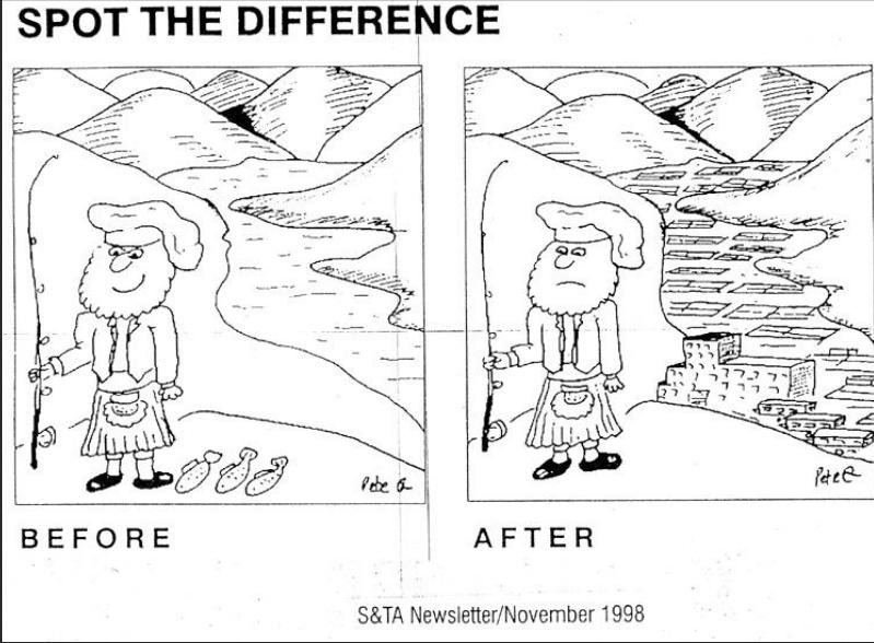 Cartoon before after salmon farming Cartoon before after salmon farming
