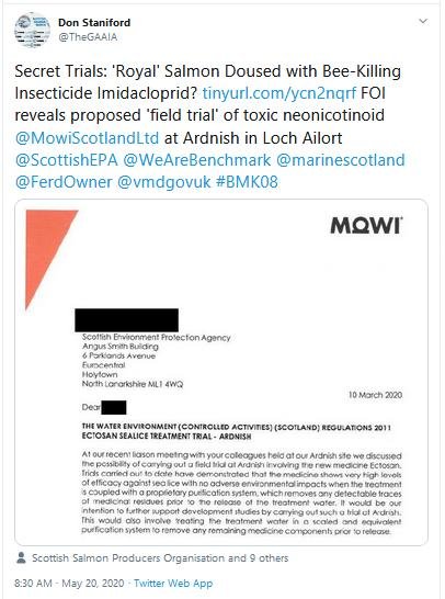 PR Imidacloprid trial in Loch Ailort by Mowi 20 May 2020 Tweet #1