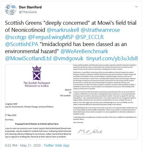 Ruskell letter re Imidacloprid to Scottish Ministers 20 May 2020 Tweet