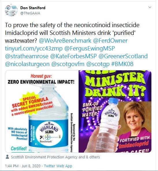 PR Scientific Opposition to Imidacloprid Use in Salmon Farming 8 June 2020 Tweet #6 bottle spoofs