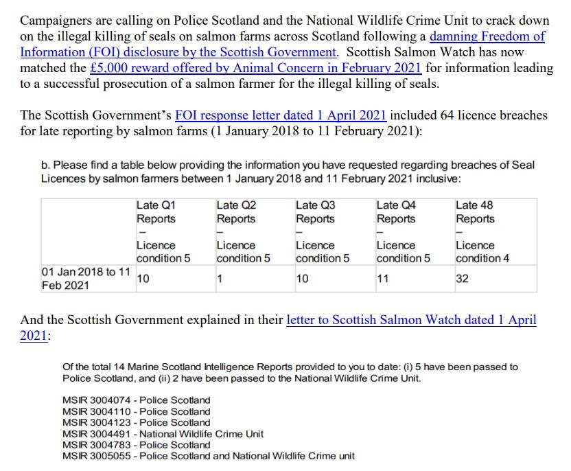 PR £10 000 Reward Illegal Killing of Seals by Scottish Salmon 26 April 2021 #3