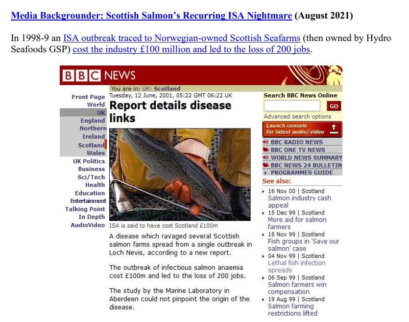 Media Backgrounder Scottish Salmon Recurring ISA Nightmare August 2021 Media Backgrounder Scottish Salmon Recurring ISA Nightmare August 2021