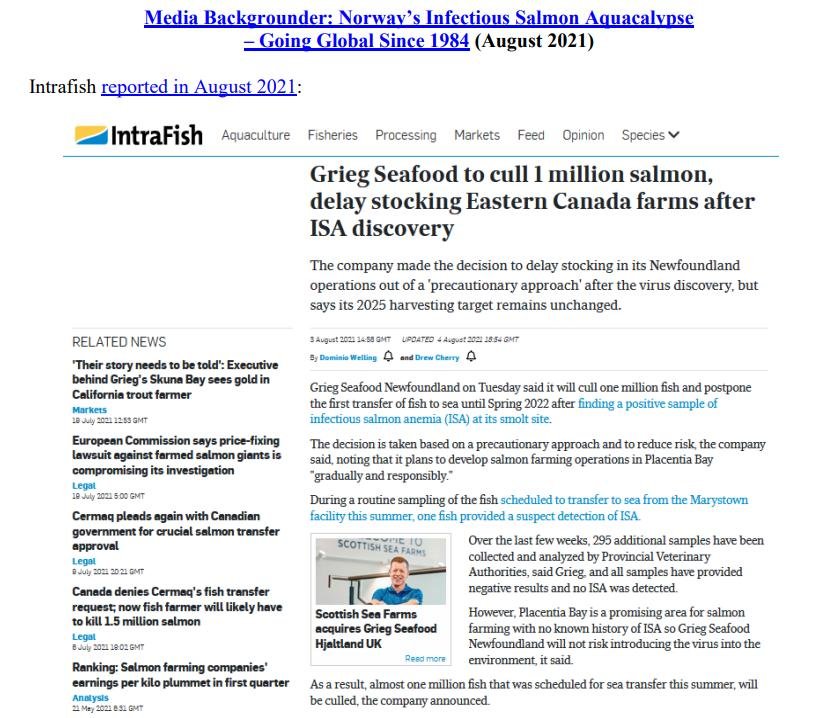 Media Backgrounder Norway Infectious Salmon Aquacalypse Going Global Since 1984 August 2021 #1
