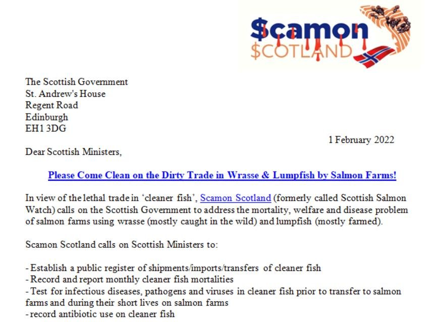 Letter to Scottish Ministers Come Clean on Dirty Wrasse & Lumpfish 1 February 2022 #1