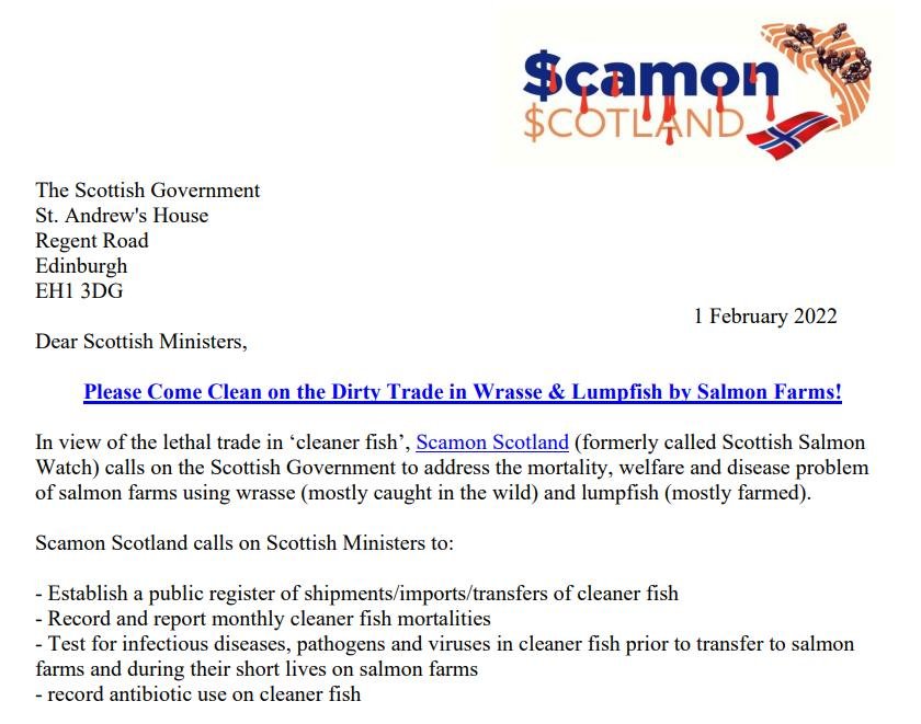 Letter to Scottish Ministers Come Clean on Dirty Wrasse & Lumpfish 1 February 2022 #1