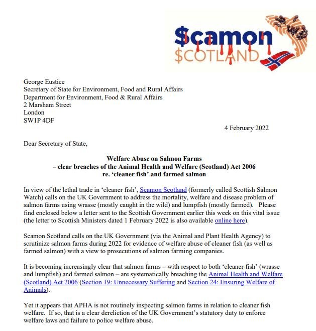 Letter to DEFRA 4 Feb 2022 on cleaner fish welfare #1