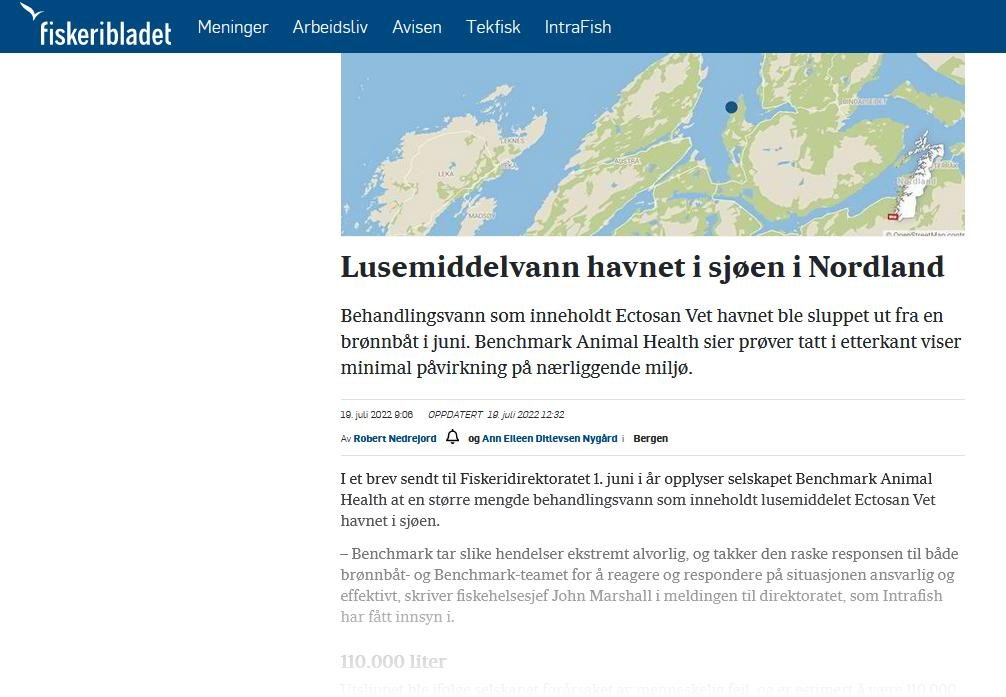 Intrafish on Ectosan spill in Norway 20 July 2022 #5 Fiskeribladet version
