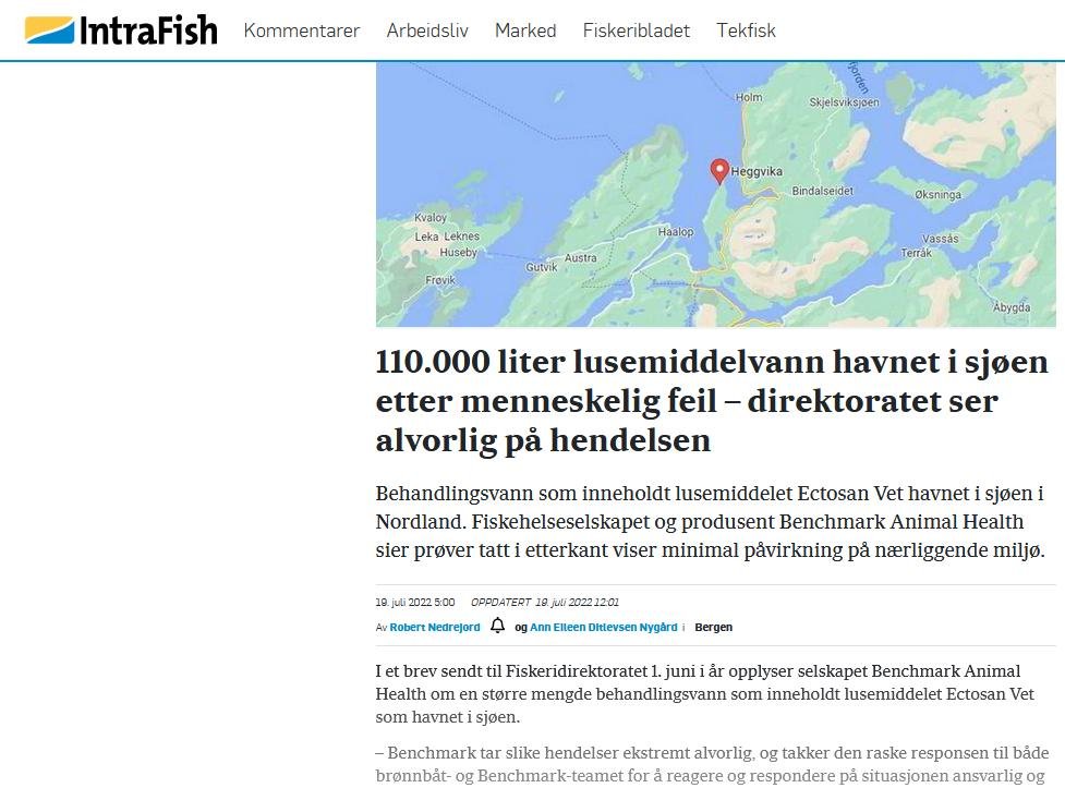 Intrafish on Ectosan spill in Norway 20 July 2022 #4 Norway version