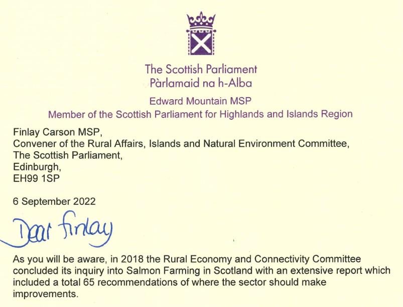 Edward Mountain letter to Scottish Parliament Rural Committee 6 September 2022 #1