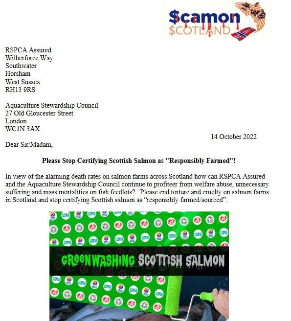 Letter to RSPCA & ASC stop certification of Scottish Salmon 14 October 2022 #1