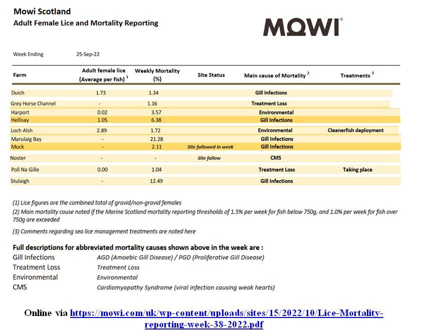 Lice & Mort reporting 25 Sept 2022 Marulaig Bay 21% mortality