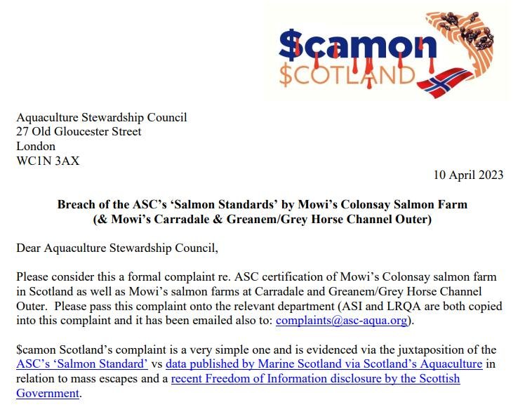 Letter to ASC re breaches of salmon standards by Mowi Colonsay 10 April 2023 #1
