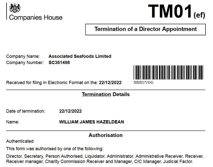 Associated Seafoods shareholders sell Dec 2022 Bill Hazeldean