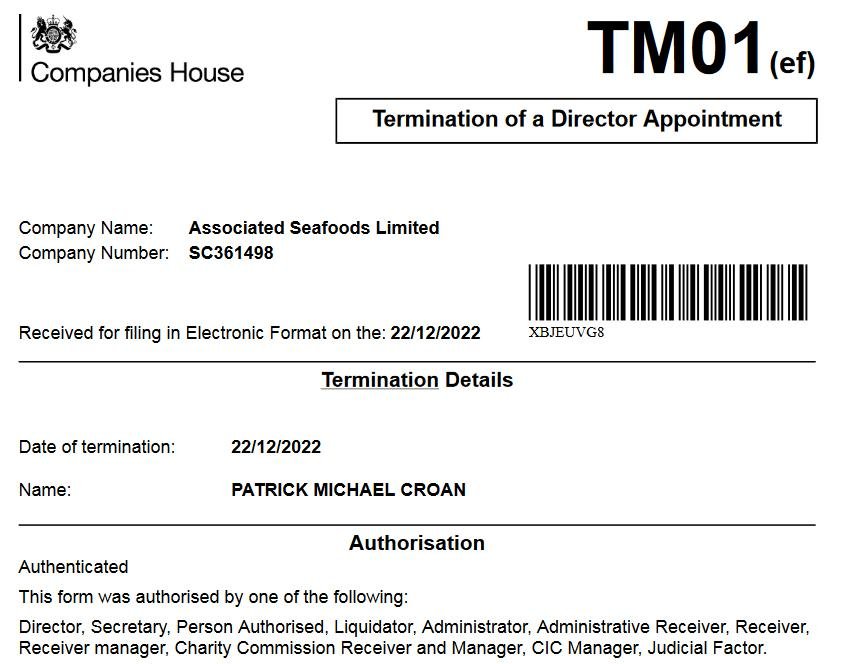 Associated Seafoods shareholders sell Dec 2022 Patrick Croan