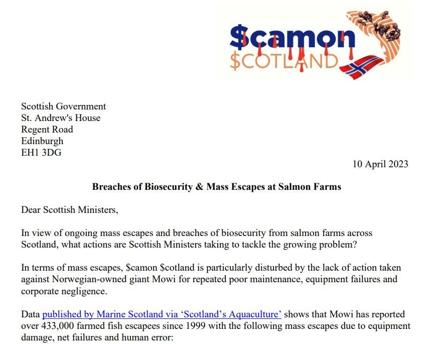 Letter to Scottish Government re breaches of biosecurity and escapes 10 April 2023 #1 Letter to Scottish Government re breaches of biosecurity and escapes 10 April 2023 #1