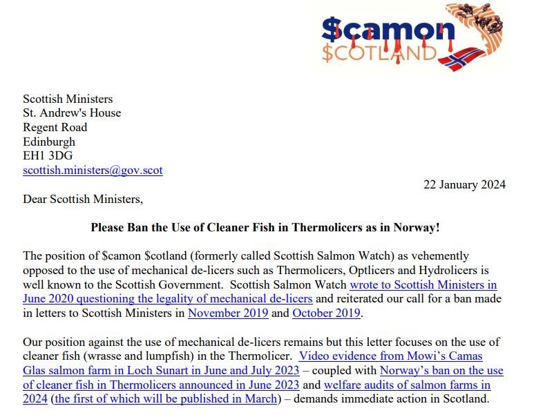 Letter to Scottish Ministers Thermolicer ban cleaner fish 22 January 2024 #1