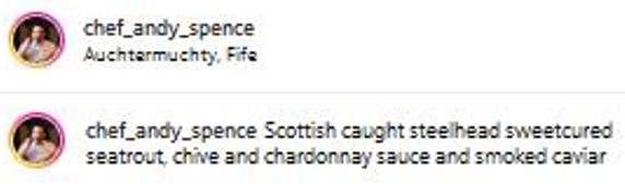 Chef Andy Spence Instagram close up of caught Chef Andy Spence Instagram close up of caught